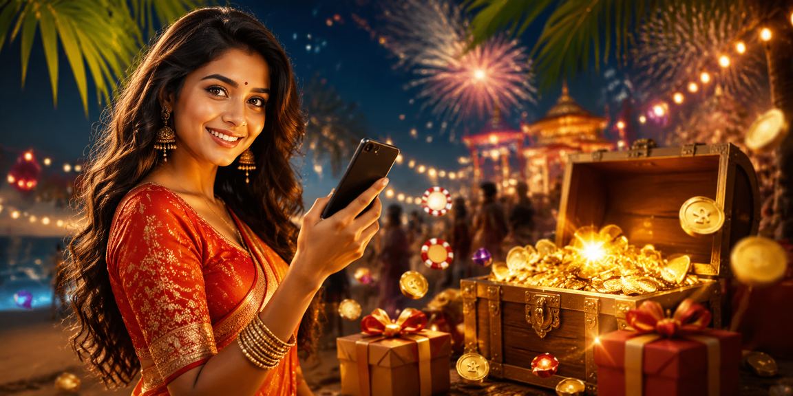 Happy Indian player enjoying casino games on mobile at beach